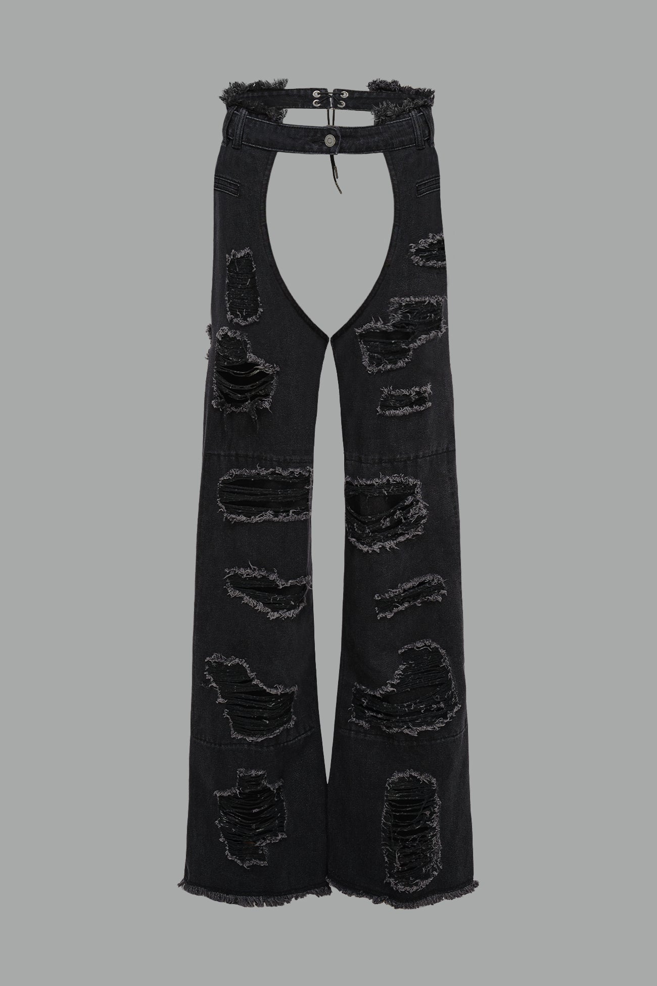 Namilia shredded black denim chaps with low-rise fit, extreme thigh cut-outs and distressed straight legs