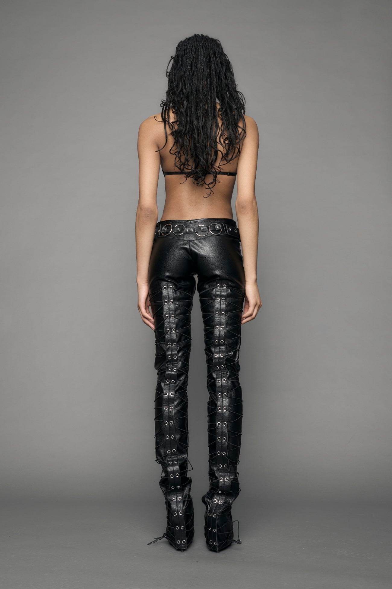black leather pants with string
