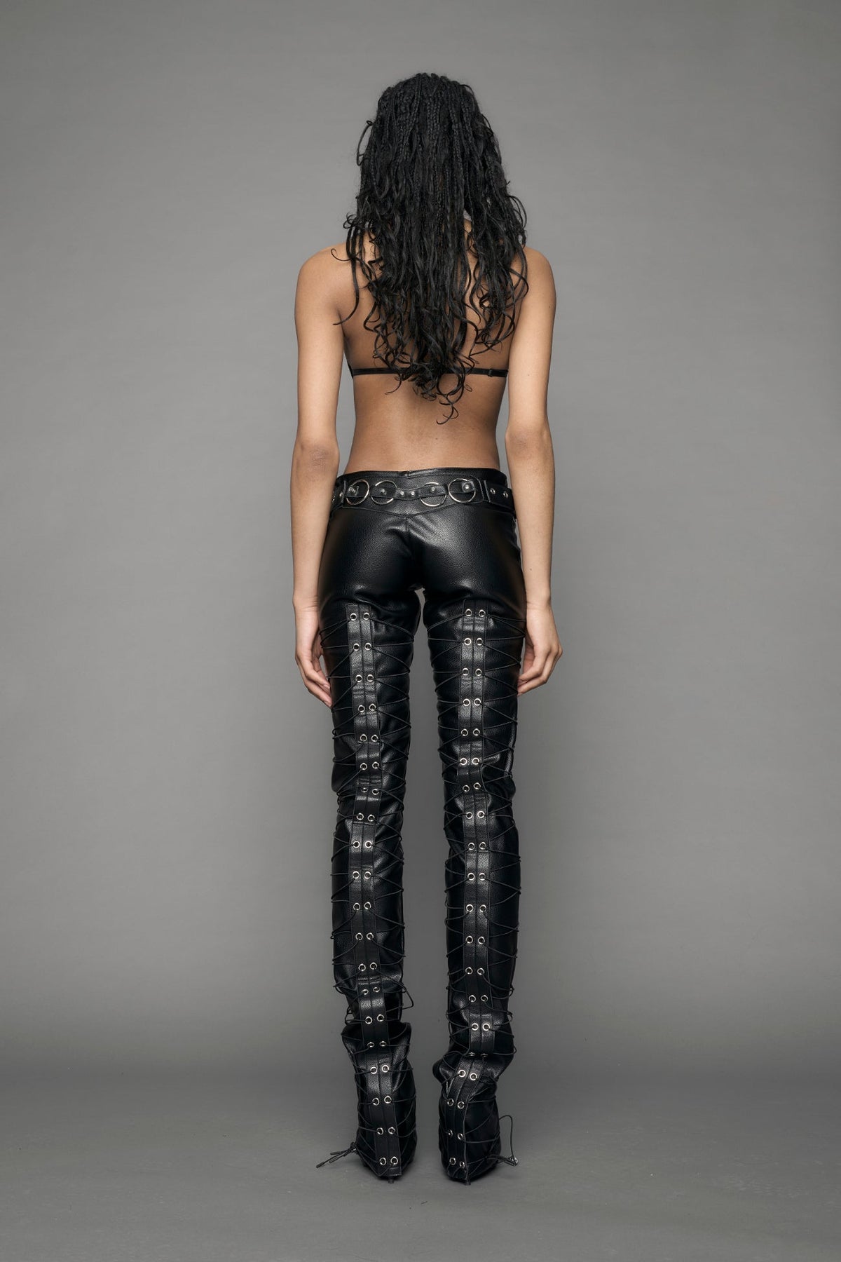 black leather pants with string