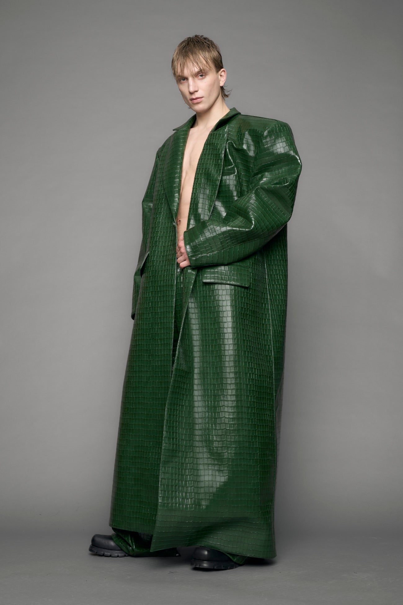 model wearing green vegan leather croc blazer coat