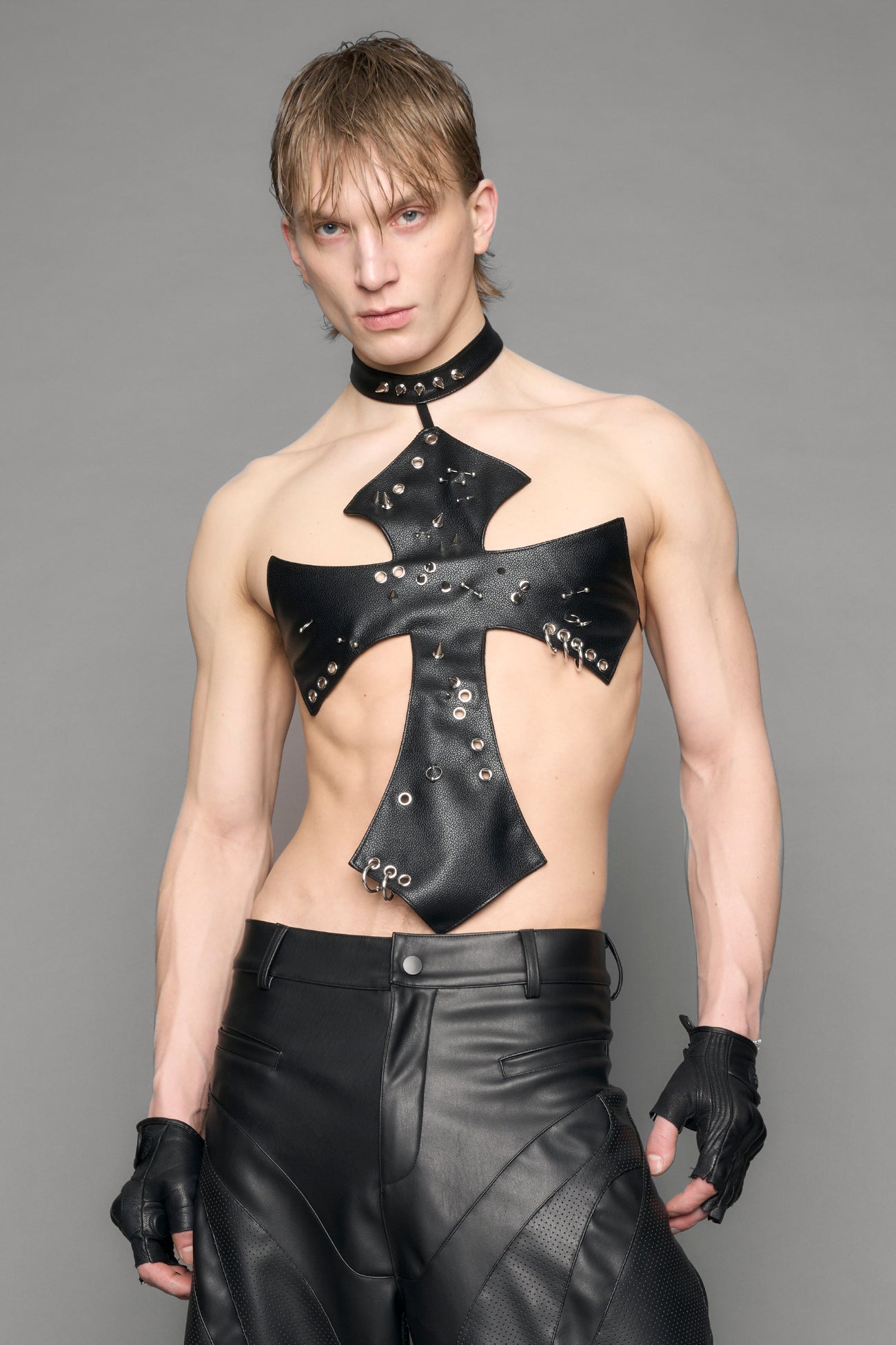 Black vegan leather cross top with spikes