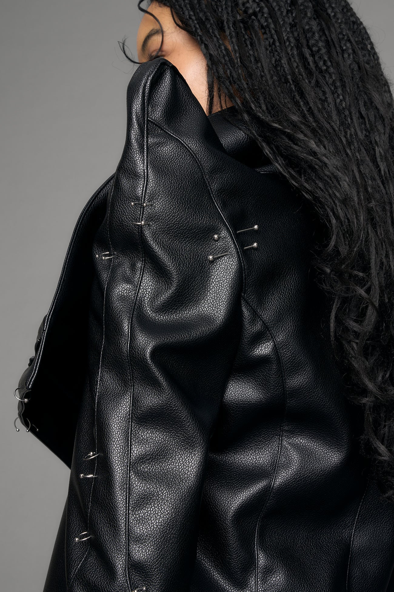 black vegan leather jacket with high collar