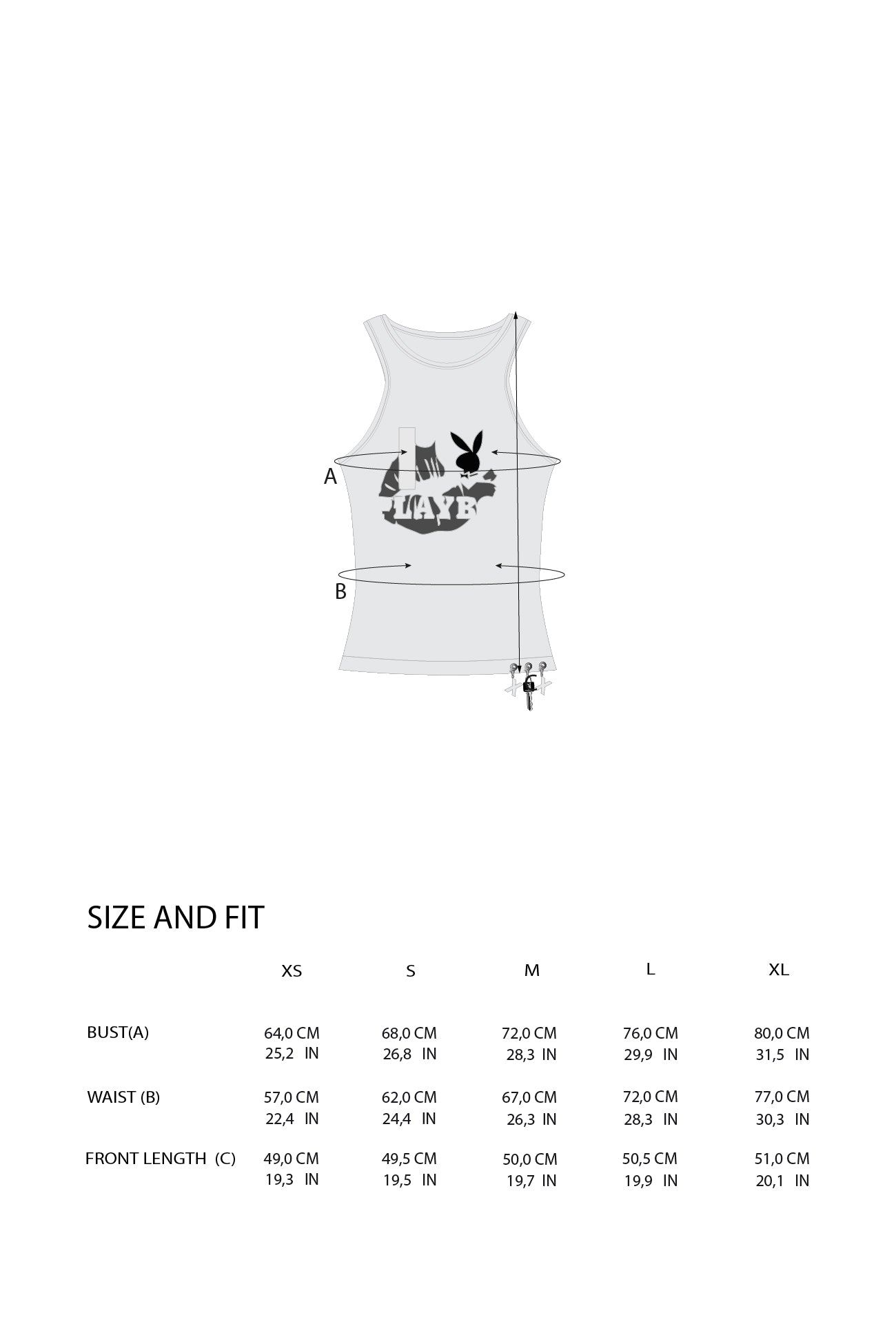 A size and fit chart for a white tank top, showing a line drawing of the shirt with measurement markers A and B, plus a size table listingXS, S, M, L, and XL with measurements in centimeters and inches.