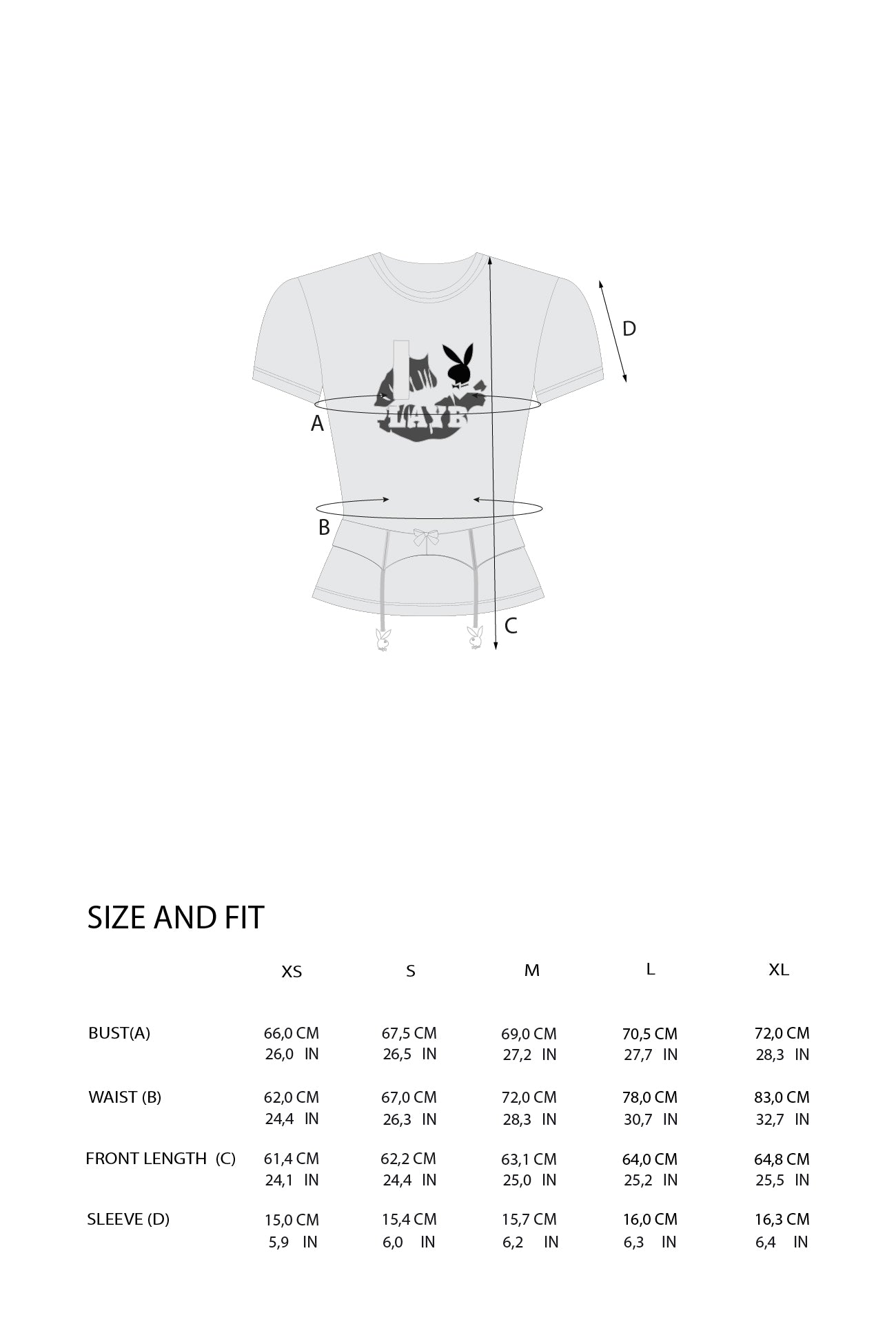 A size and fit chart for a white graphic t-shirt, showing a front-view diagram with measurement labels A, B, C, D, and X, plus a size table listing XS through XL with measurements in centimeters and inches.