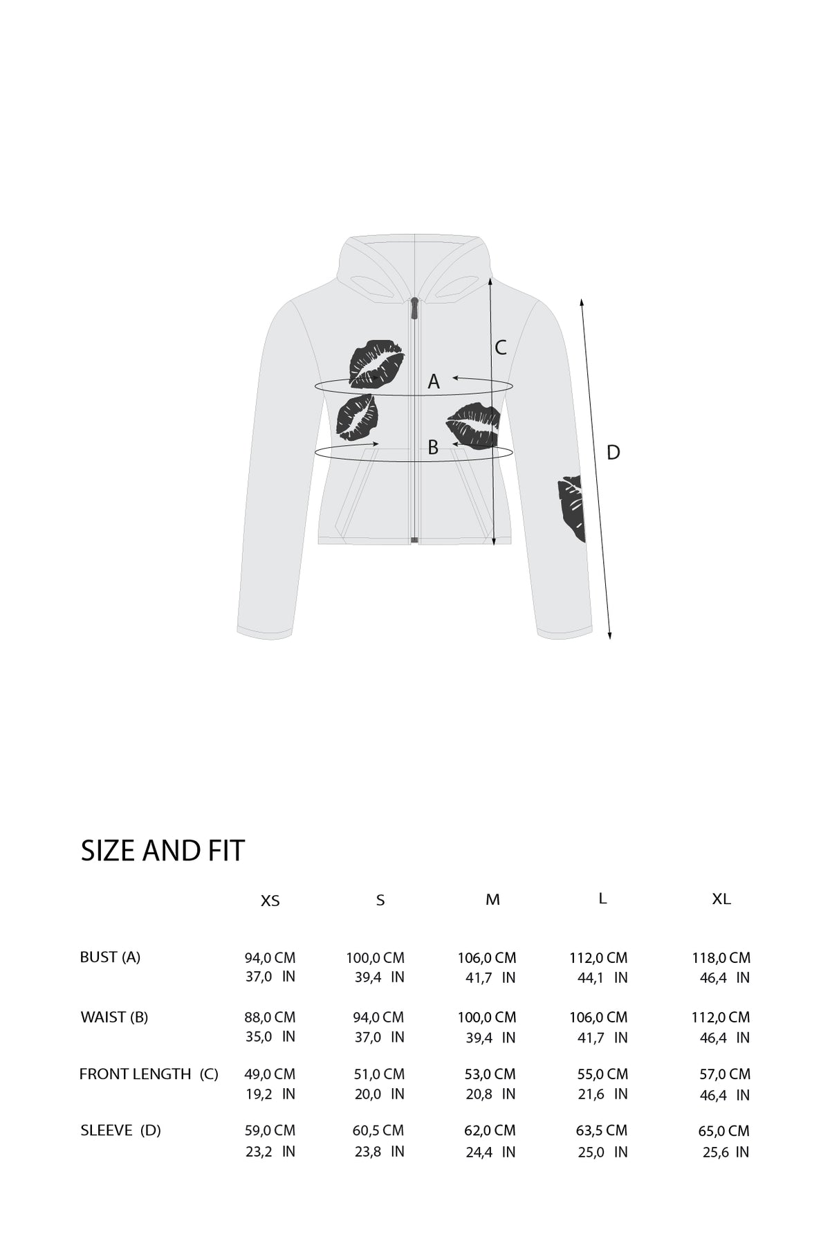 A size and fit chart showing a line drawing of a cropped hoodie with measurement labels A, B, C, and D, plus a size table from XS to XL with measurements in centimeters and inches.