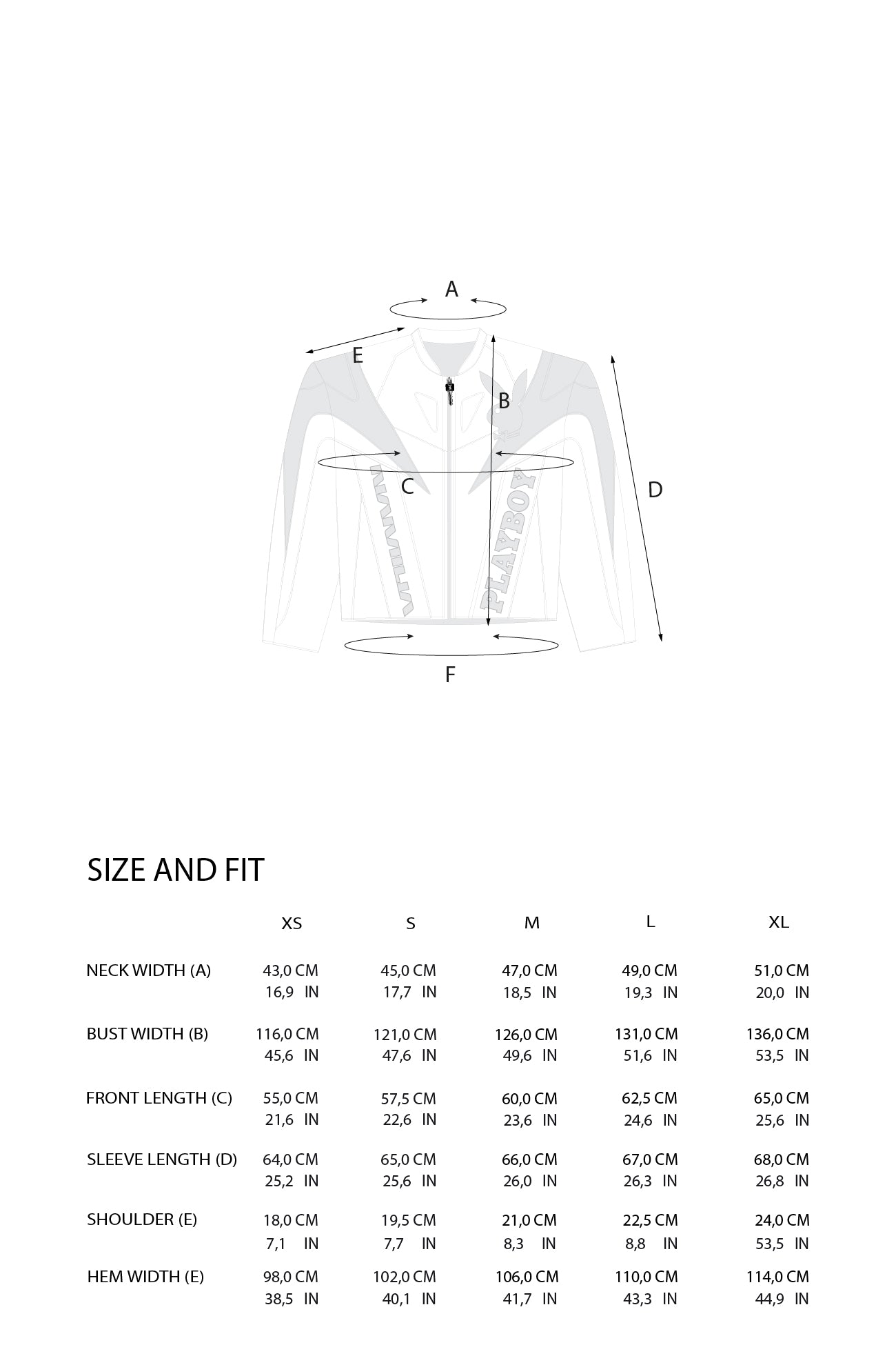 A size guide diagram for a short-sleeve athletic top, showing labeled front measurements (A through F) with a simple line drawing, plus a size and fit table listing measurements forXS, S, M, L, and XL.