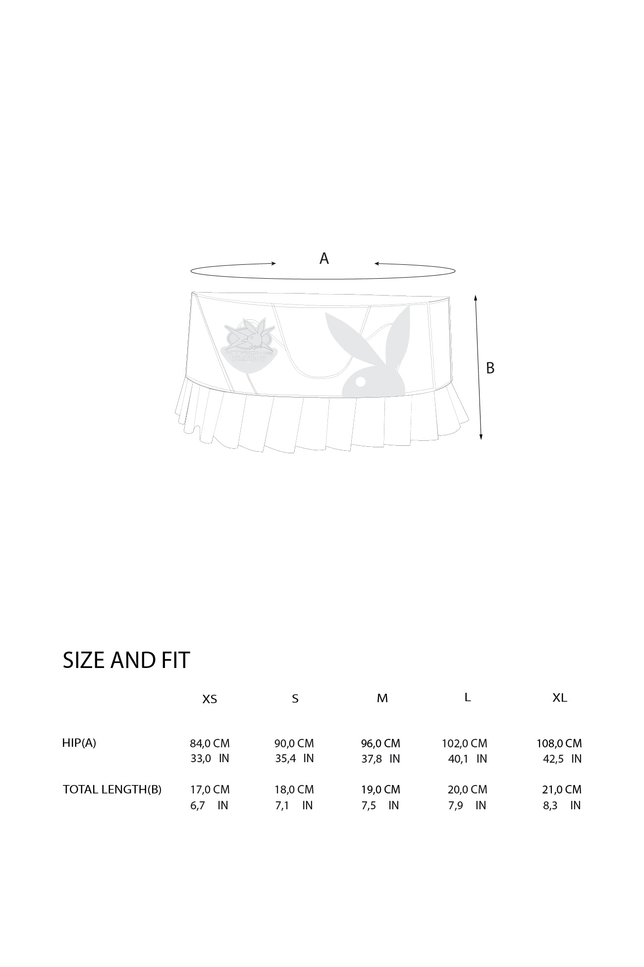 A sizing diagram for a round table skirt, showing a simple line drawing with dimension labels A and B, plus a size and fit table listing measurements forXS, S, M, L, and XL.