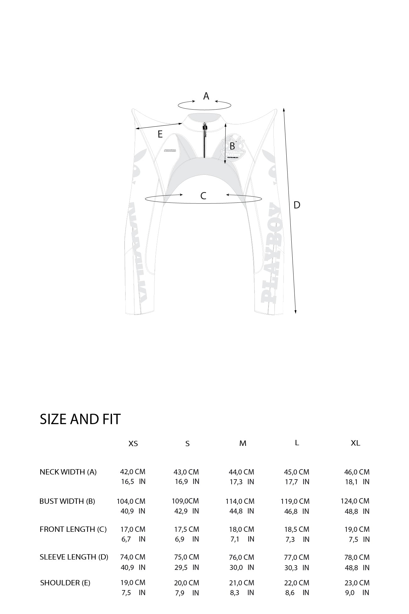 A size guide diagram for a women's bra, showing a labeled line drawing of a bra with measurement points A through D and a size table below listing measurements for XS, S, M, L, and XL.