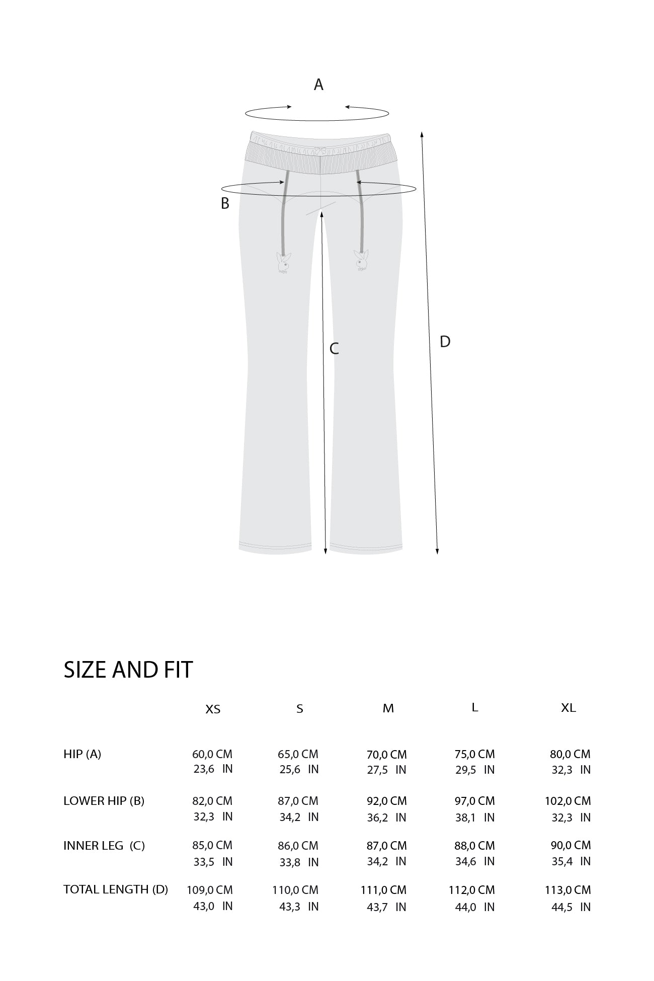 A size and fit diagram for light gray pants showing labeled body measurements A, B, C, and D around the legs, with a size chart table below for XS through XL.