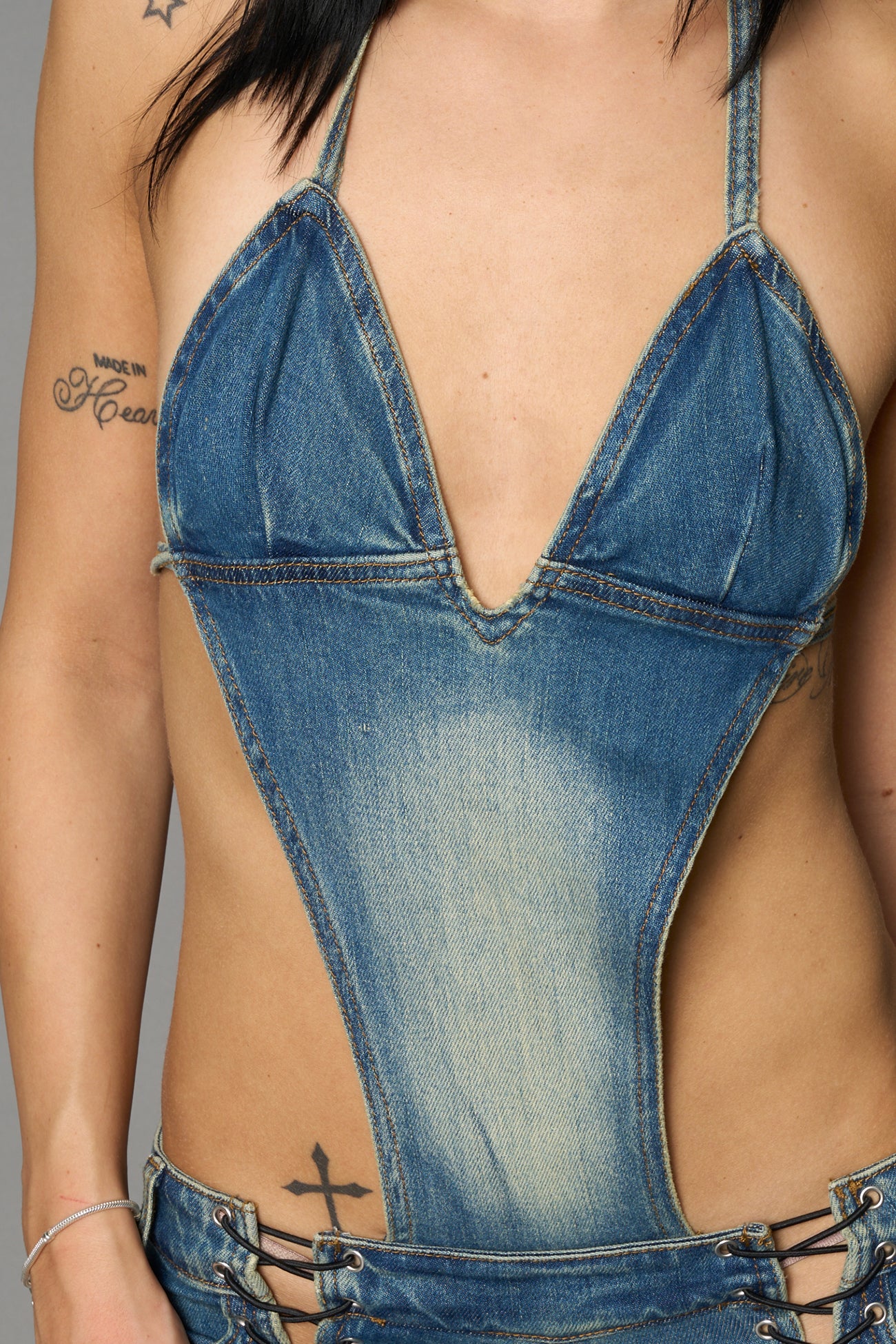 Namilia blue detachable denim jumpsuit capri with embroidery on back waistband and faded wash
