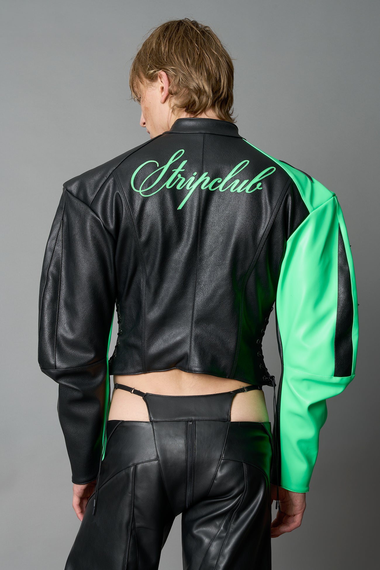 Green Namilia motocross jacket – streetwear biker jacket with bold star graphics, zip front, and edgy moto-inspired fashion design in vegan PU leather