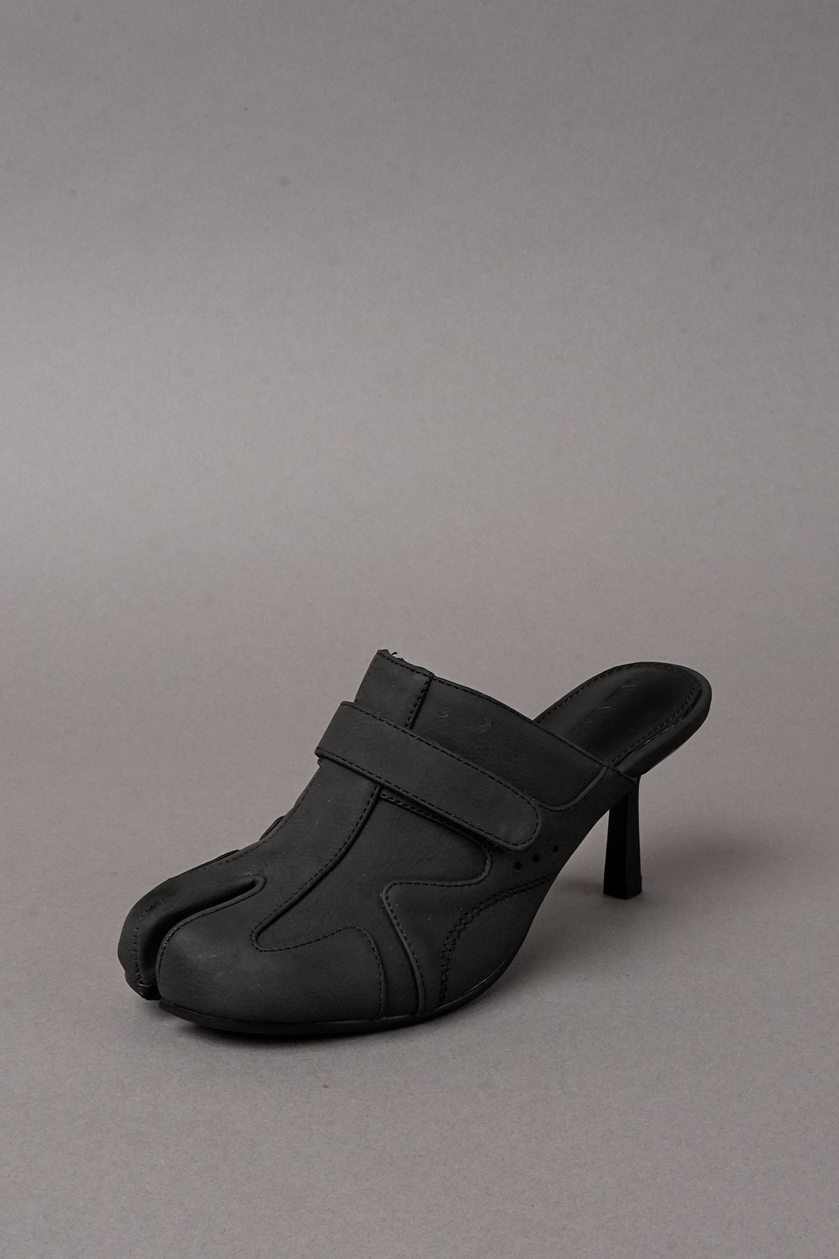 Black vegan leather high heel tabi mules with sneaker details
