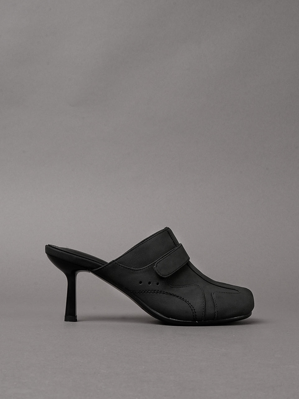 Black vegan leather high heel tabi mules with sneaker details