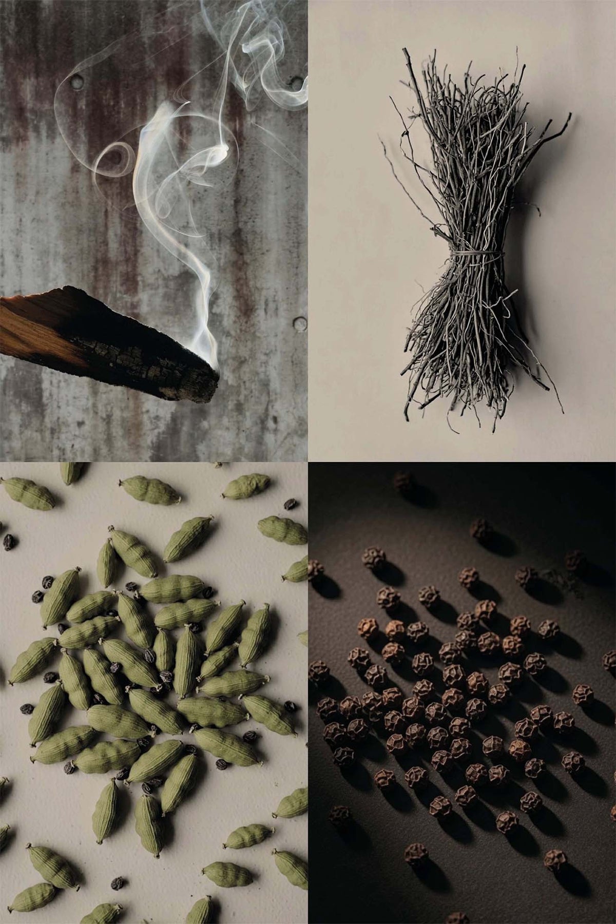 A four-panel collage showing botanical ingredients: a smoldering piece of wood with curling smoke, a bundle of dried twigs, scattered green seed pods, and clusters of small brown dried berries on a dark surface.