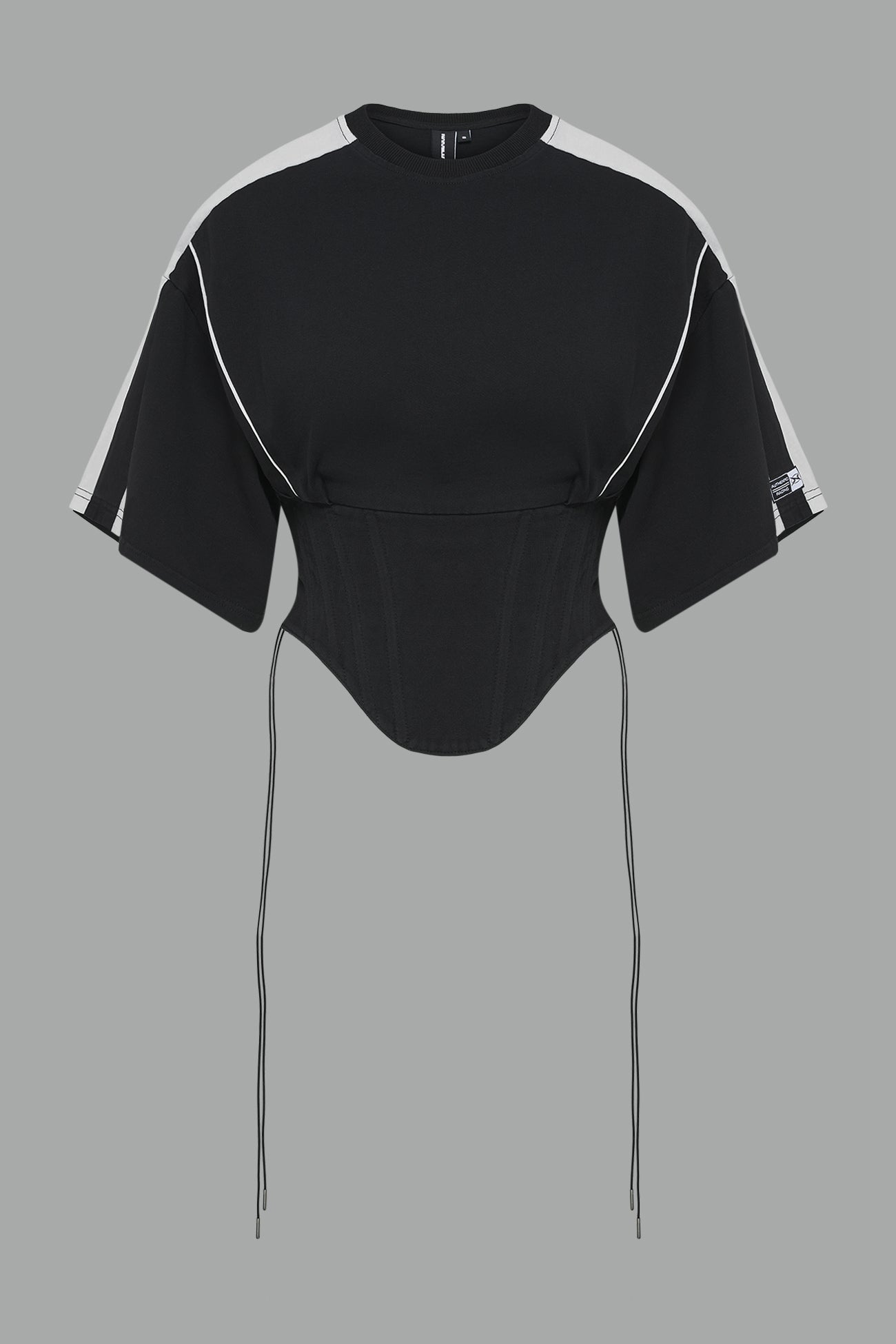 washed-black Namilia Corset-T shirt with sculpted corset-style waist, curved hemline, and oversized sleeves