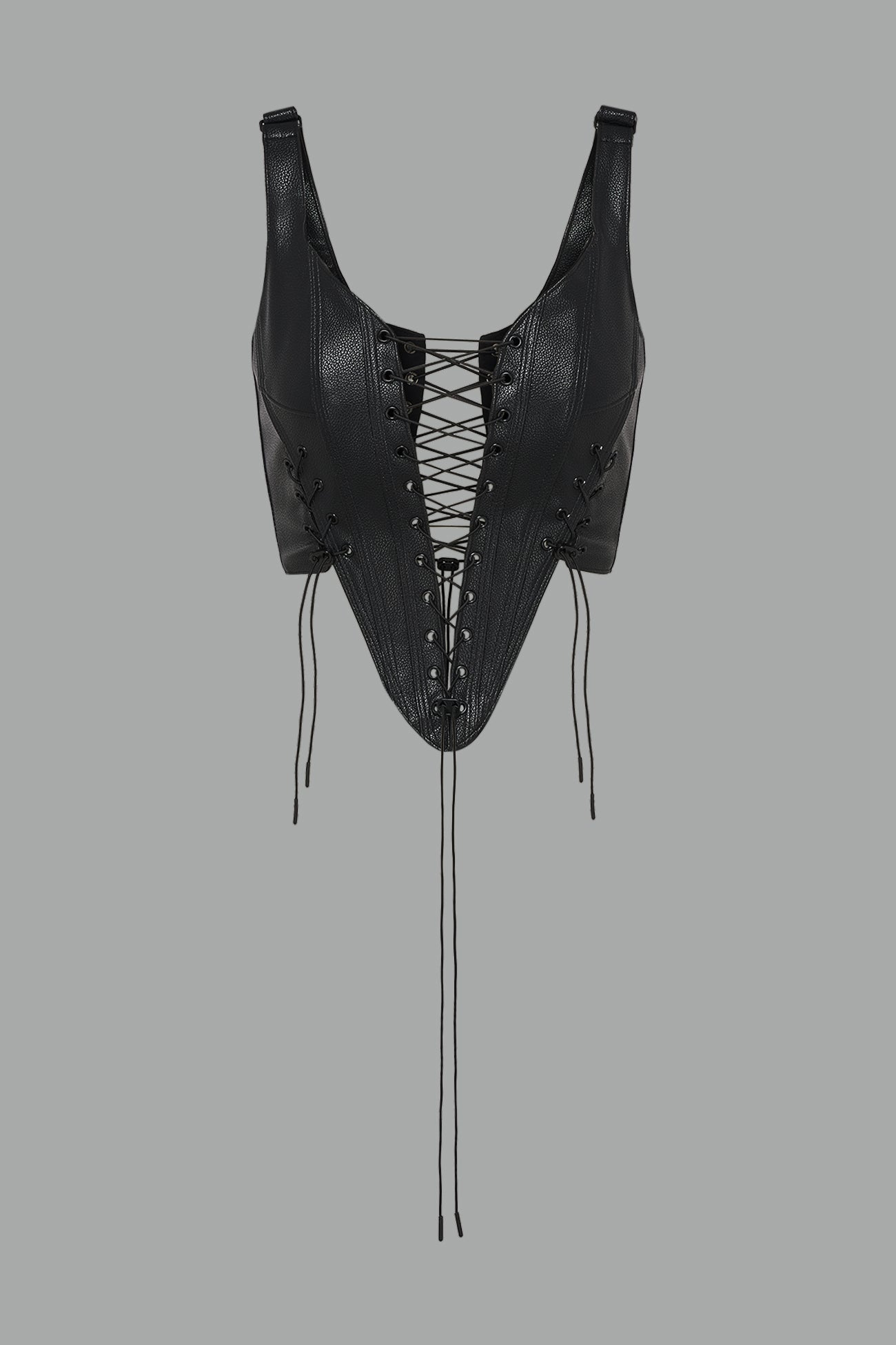 black vegan leather XTC Corset by Namilia featuring extreme plunging neckline, front lace-up closure, and sculpted fit