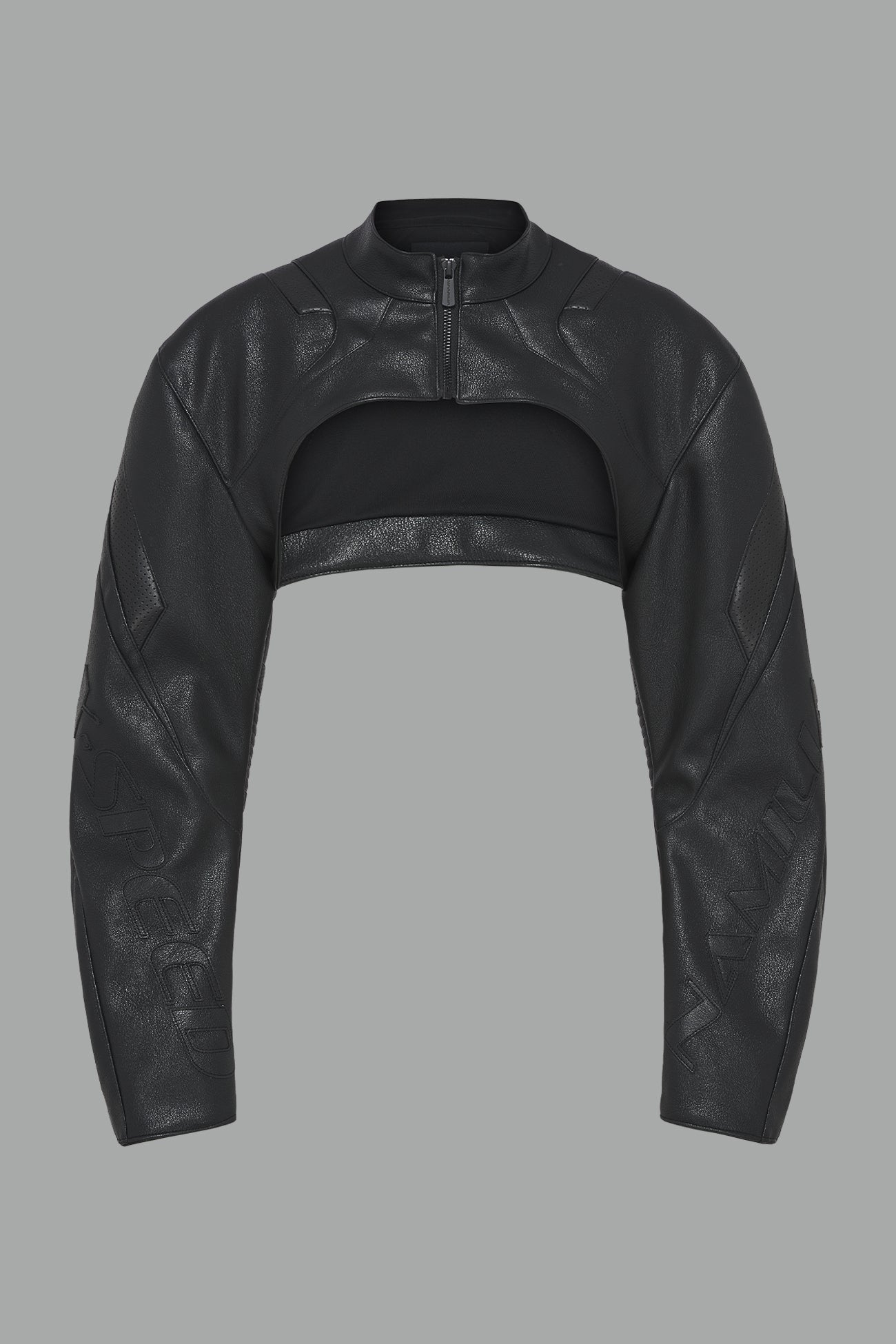 black vegan leather cropped jacket with a high choker collar and zipper front