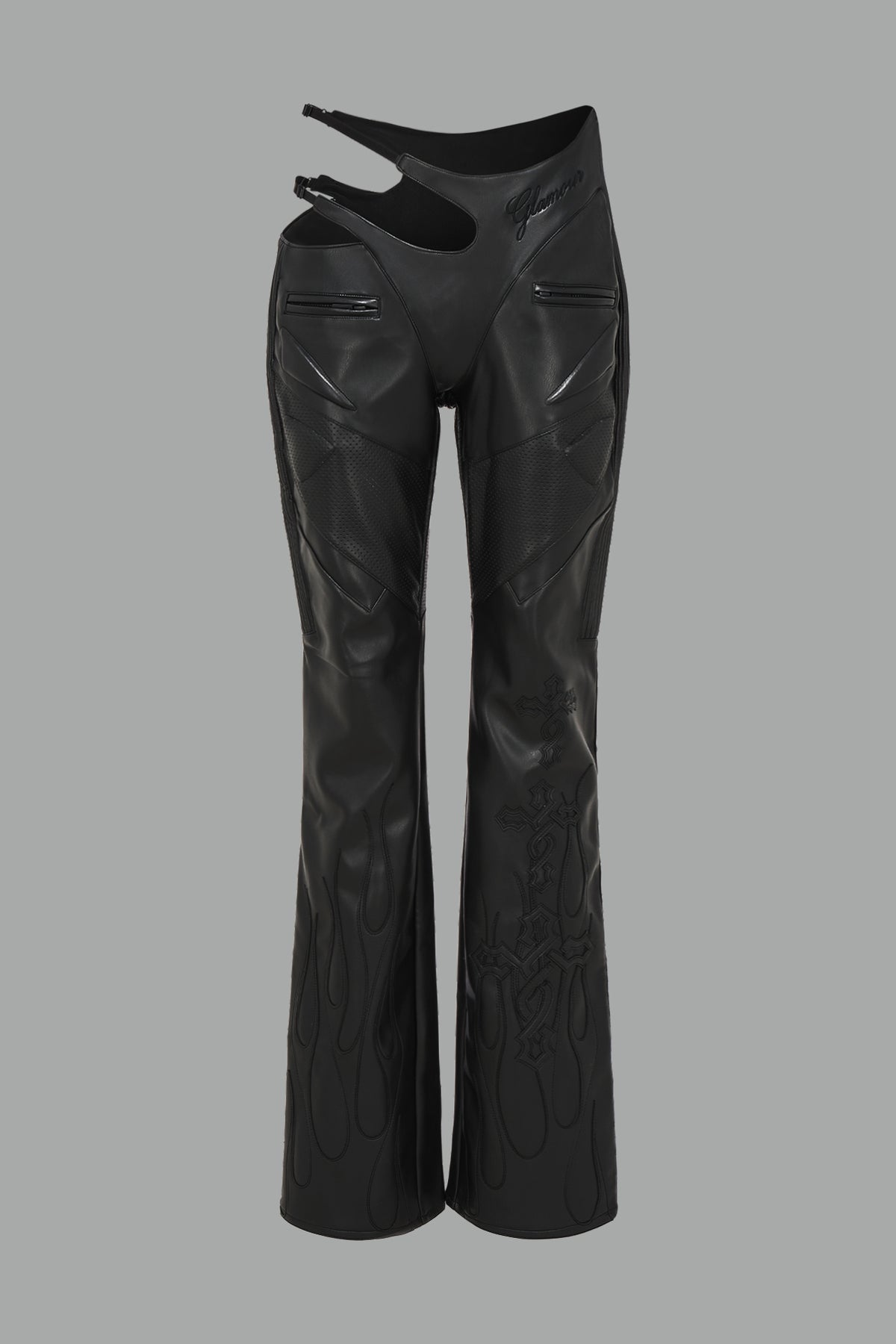 black cut out vegan leather trousers