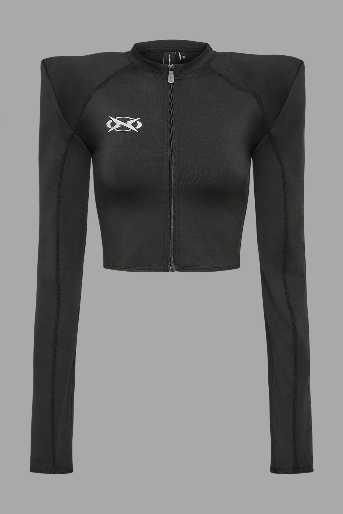 Namilia Pagoda Top in black with sharp padded shoulders and zip front