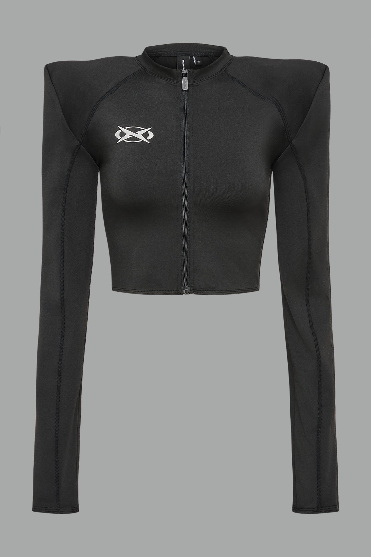 Namilia Pagoda Top in black with sharp padded shoulders and zip front