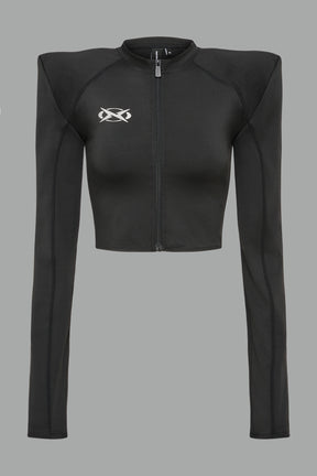 Namilia Pagoda Top in black with sharp padded shoulders and zip front