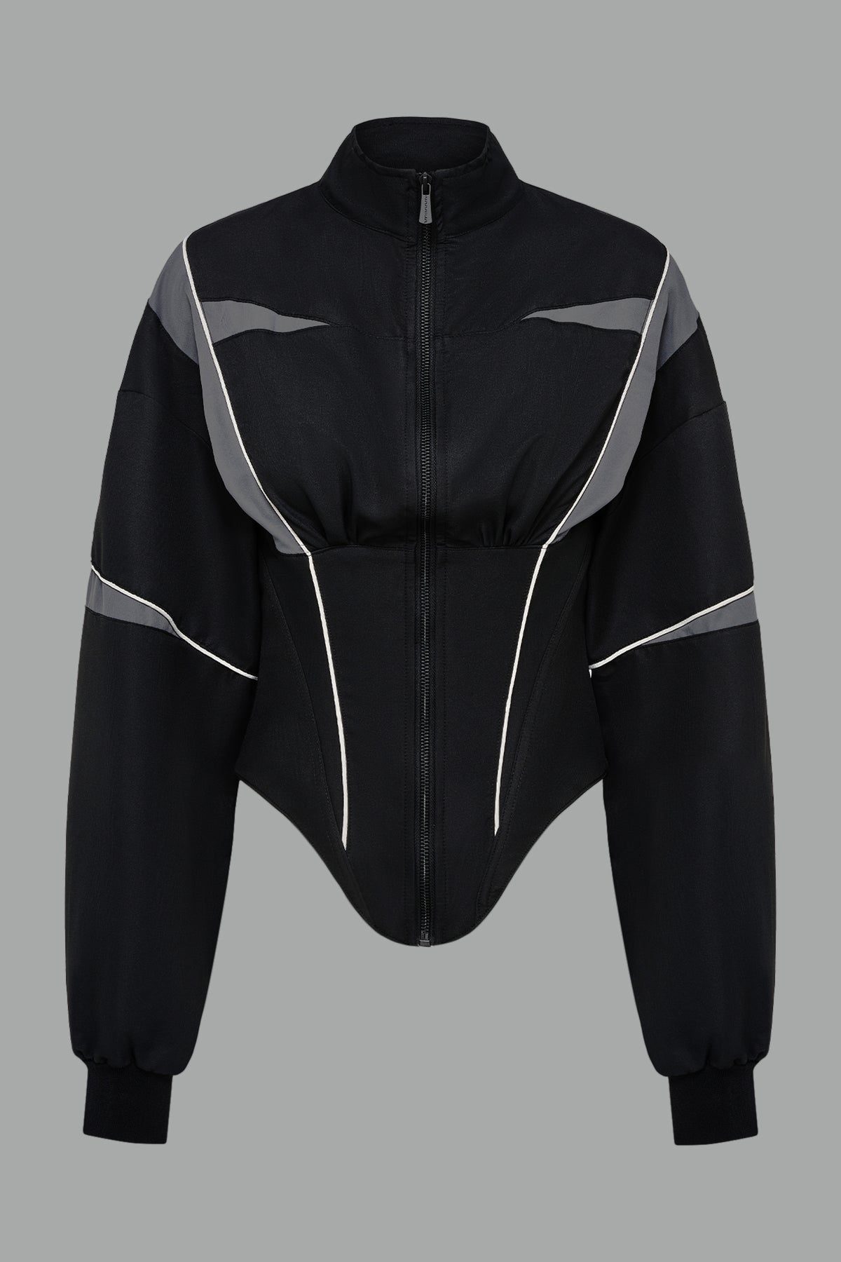 Black Namilia tracksuit jacket with grey sleeve stripes and lace-up corset back