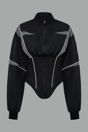 Black Namilia tracksuit jacket with grey sleeve stripes and lace-up corset back