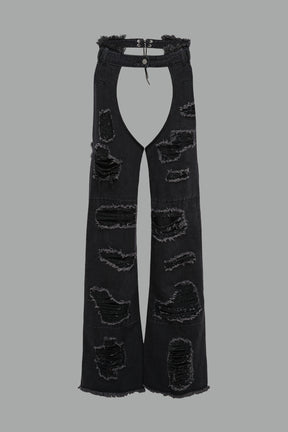 Namilia shredded black denim chaps with low-rise fit, extreme thigh cut-outs and distressed straight legs