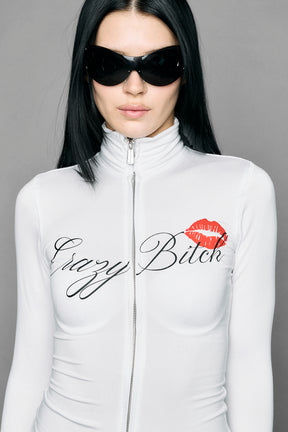 white crazy jersey zip up jacket with and back graphic print on model studio ecom photo
