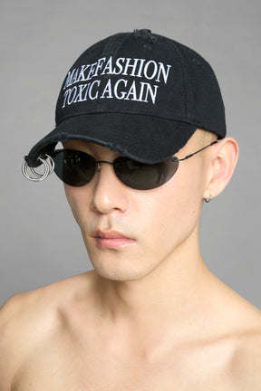 slogan black cap with distressind and silver rings
