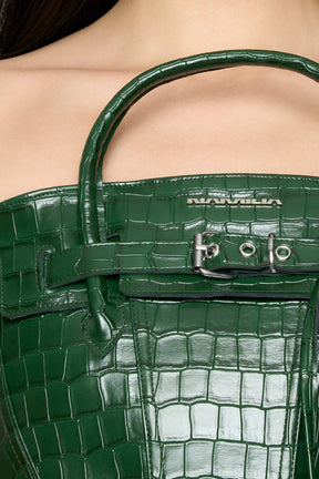 model wearing green croc pu leahter corset with handbag design 