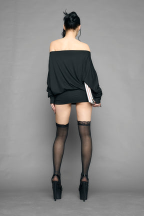 black off shoulder mini dress with long sleeves and statement text print worn by model studio ecommerce image