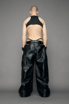 model wearing black pu leather body with loose panty and moto style lines