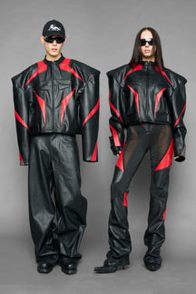 black red power shoulder moto jacket with extreme sculpted shoulders and integrated boning construction worn by models studio ecommerce image