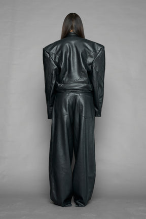 black power shoulder moto jacket with extreme sculpted shoulders and integrated boning construction worn by models studio ecommerce image