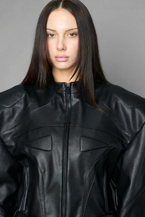 black power shoulder moto jacket with extreme sculpted shoulders and integrated boning construction worn by models studio ecommerce image