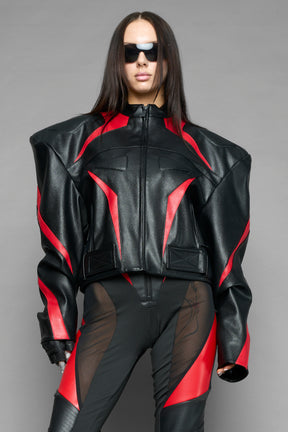 black red power shoulder moto jacket with extreme sculpted shoulders and integrated boning construction worn by models studio ecommerce image