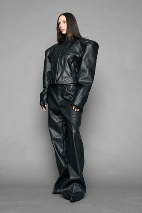 black power shoulder moto jacket with extreme sculpted shoulders and integrated boning construction worn by models studio ecommerce image