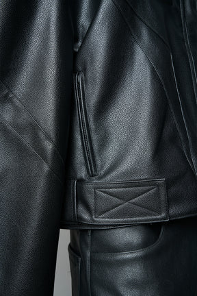 black power shoulder moto jacket with extreme sculpted shoulders and integrated boning construction worn by models studio ecommerce image