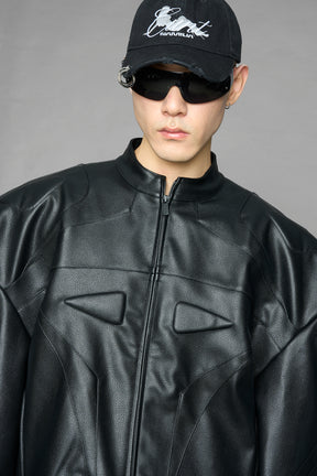 black power shoulder moto jacket with extreme sculpted shoulders and integrated boning construction worn by models studio ecommerce image