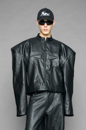 black power shoulder moto jacket with extreme sculpted shoulders and integrated boning construction worn by models studio ecommerce image