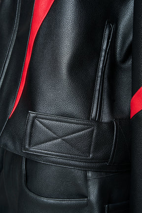 black red power shoulder moto jacket with extreme sculpted shoulders and integrated boning construction worn by models studio ecommerce image