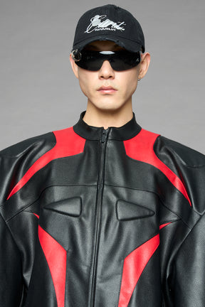 black red power shoulder moto jacket with extreme sculpted shoulders and integrated boning construction worn by models studio ecommerce image