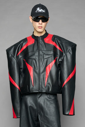 black red power shoulder moto jacket with extreme sculpted shoulders and integrated boning construction worn by models studio ecommerce image