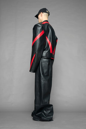black red power shoulder moto jacket with extreme sculpted shoulders and integrated boning construction worn by models studio ecommerce image