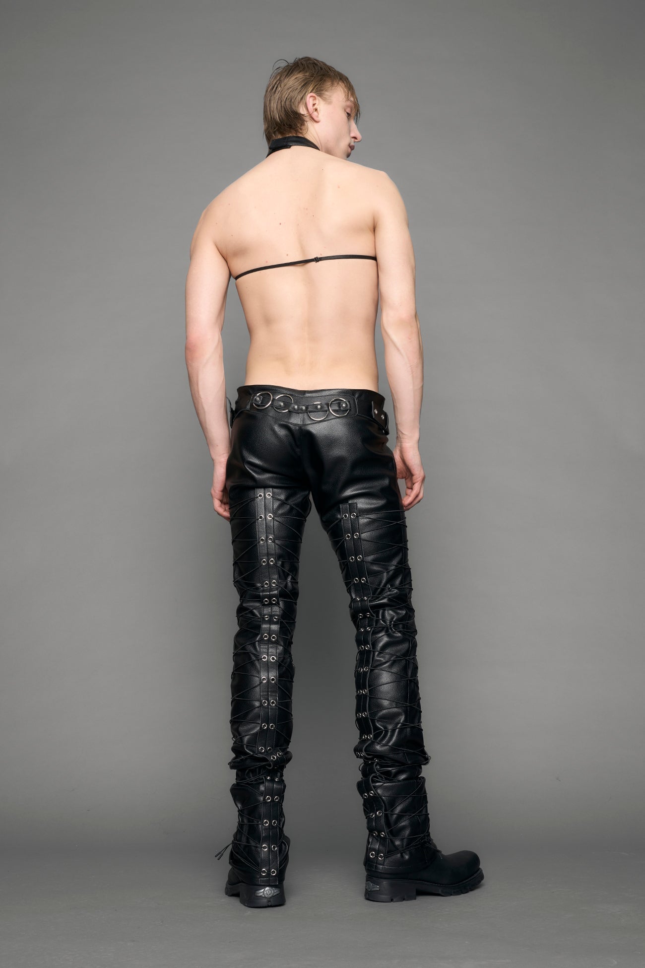 black leather pants with string