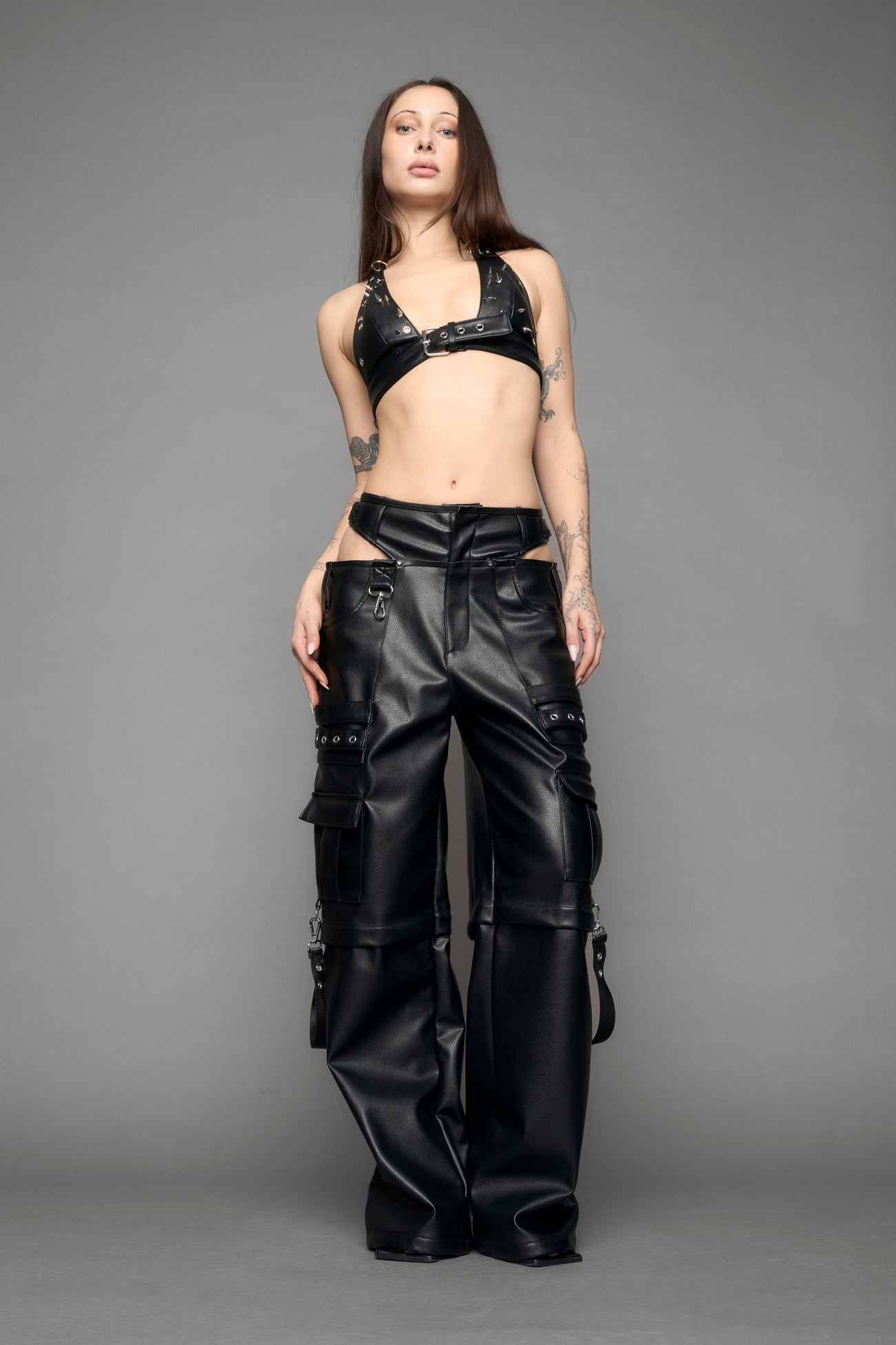 black cargo vegan leather pants
