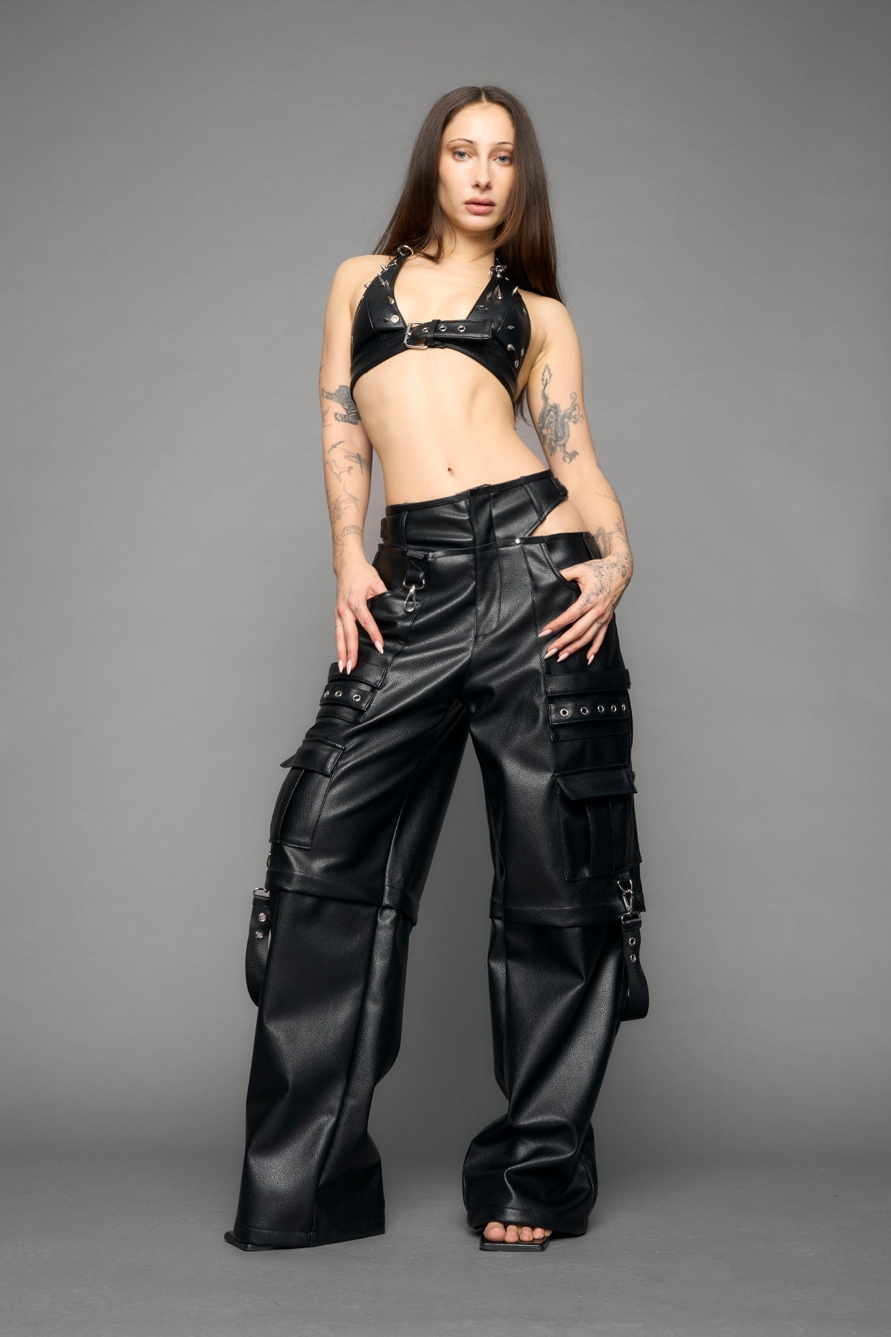 black cargo vegan leather pants