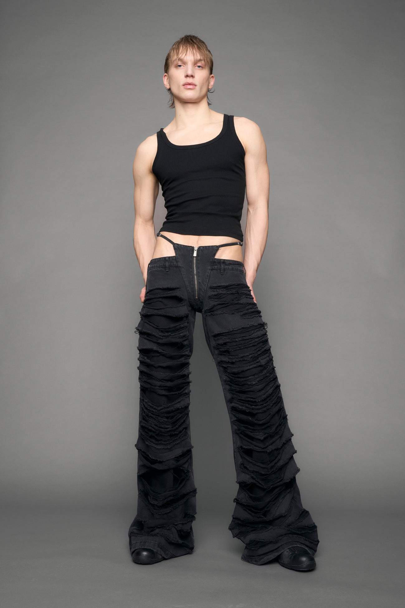 black wash distressed denim pants 