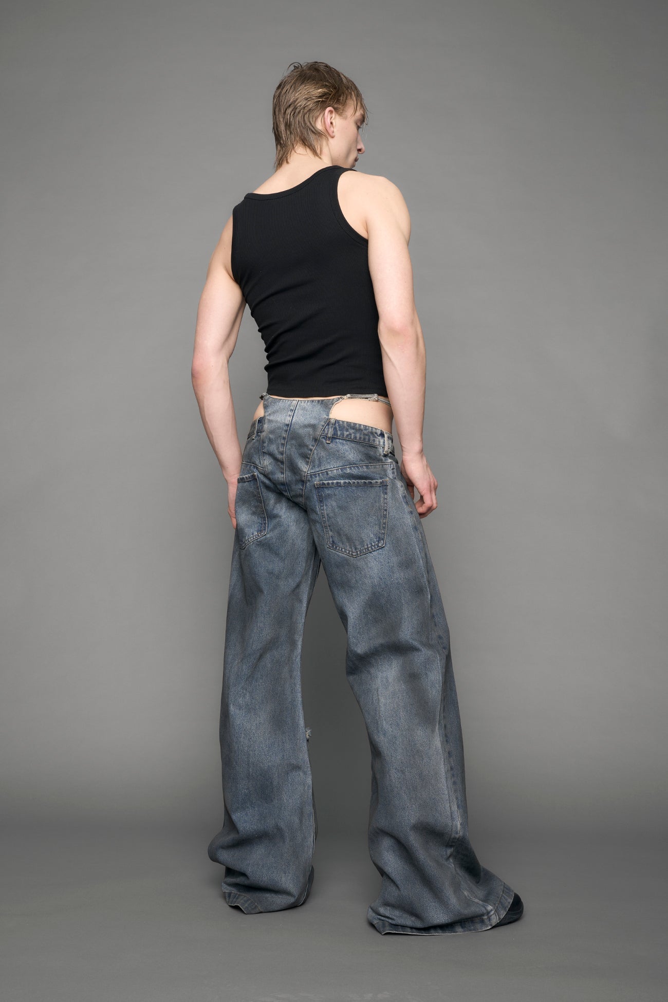 blue smoke wash distressed denim pants 